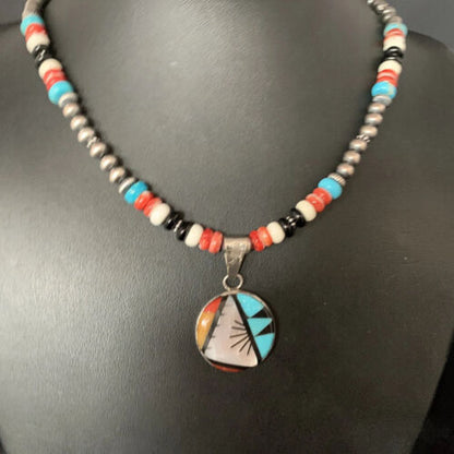 Zuni Multi-Color Turquoise Onyx Necklace | Sterling Silver Inlay Pendant | Native American Handmade | 13564