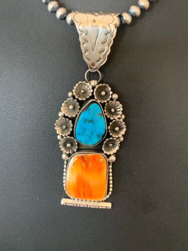 Navajo Kingman Turquoise & Spiny Oyster Pendant Necklace | Sterling Silver | Authentic Native American Handmade | 4575