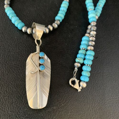 Navajo Blue Turquoise Feather Pendant Necklace | Sterling Silver | Native American Handmade | 13823
