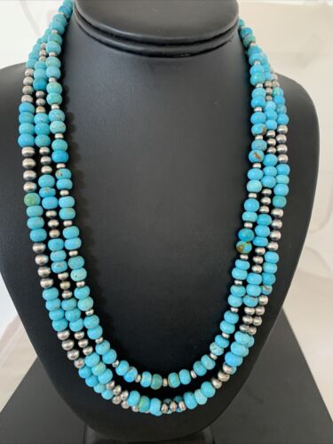 Navajo Blue Turquoise Sterling Silver Graduated Bib Necklace | 3-Strand | 22" | Authentic Native American | 02153