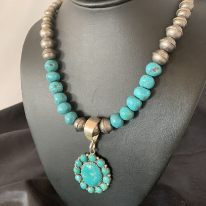 Navajo Blue Turquoise Cluster Pendant Necklace | Sterling Silver | Authentic Native American Handmade | 11884