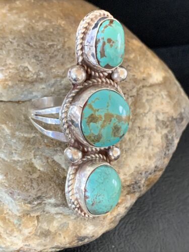Navajo Sterling Silver Blue Turquoise Ring | 3-Stone | Sz 9 | Native American Handmade | 13615