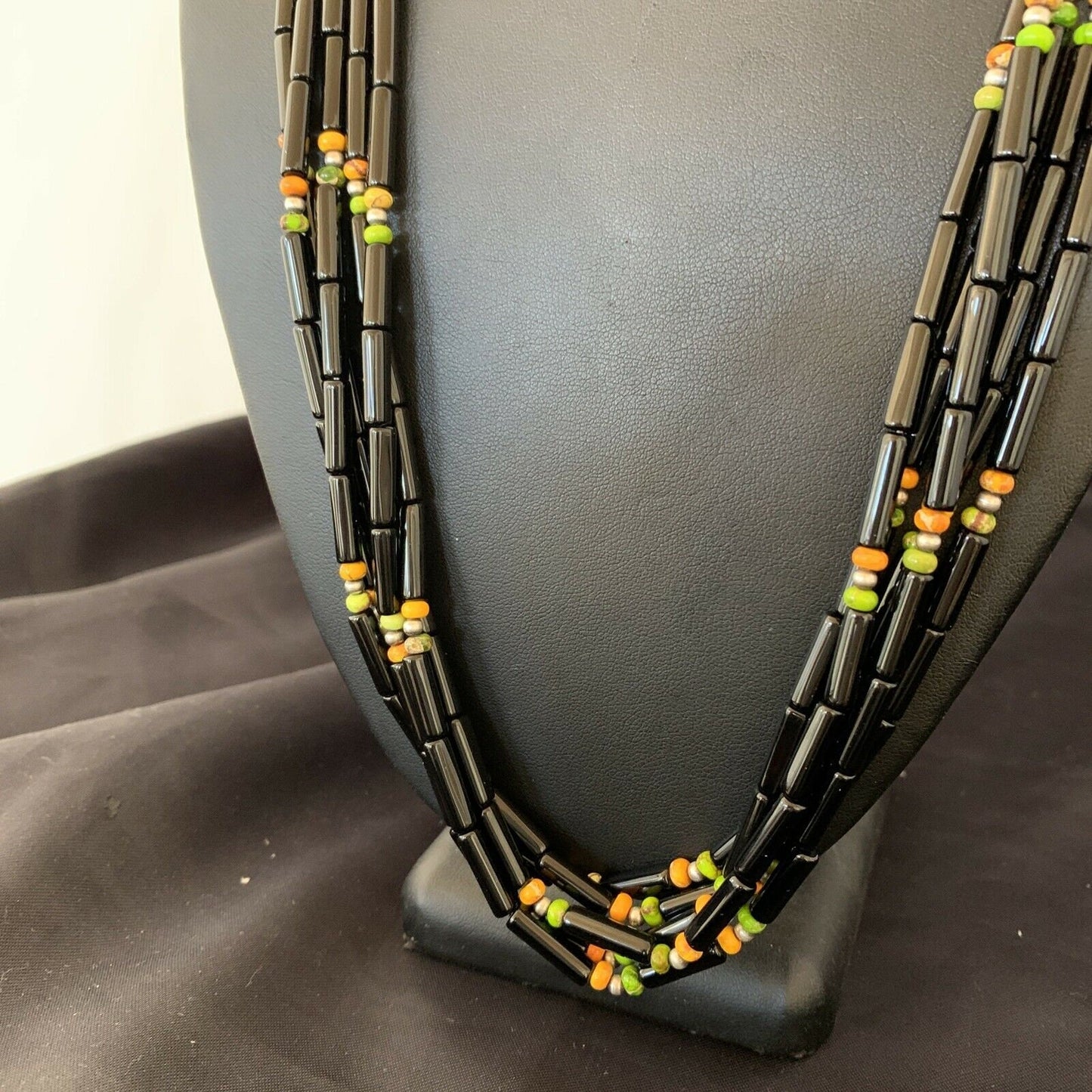 Navajo Black Onyx Spiny Turquoise Bead Necklace with Pendant | Sterling Silver | 22" | 10922