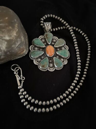 Navajo Spiny Oyster & Turquoise Cluster Pendant Necklace | Sterling Silver | Native American Handmade | 1119