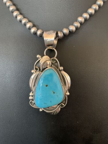 Men's Navajo Pearls Necklace with Blue Kingman Turquoise Pendant | Sterling Silver | Native American Handmade | 12590