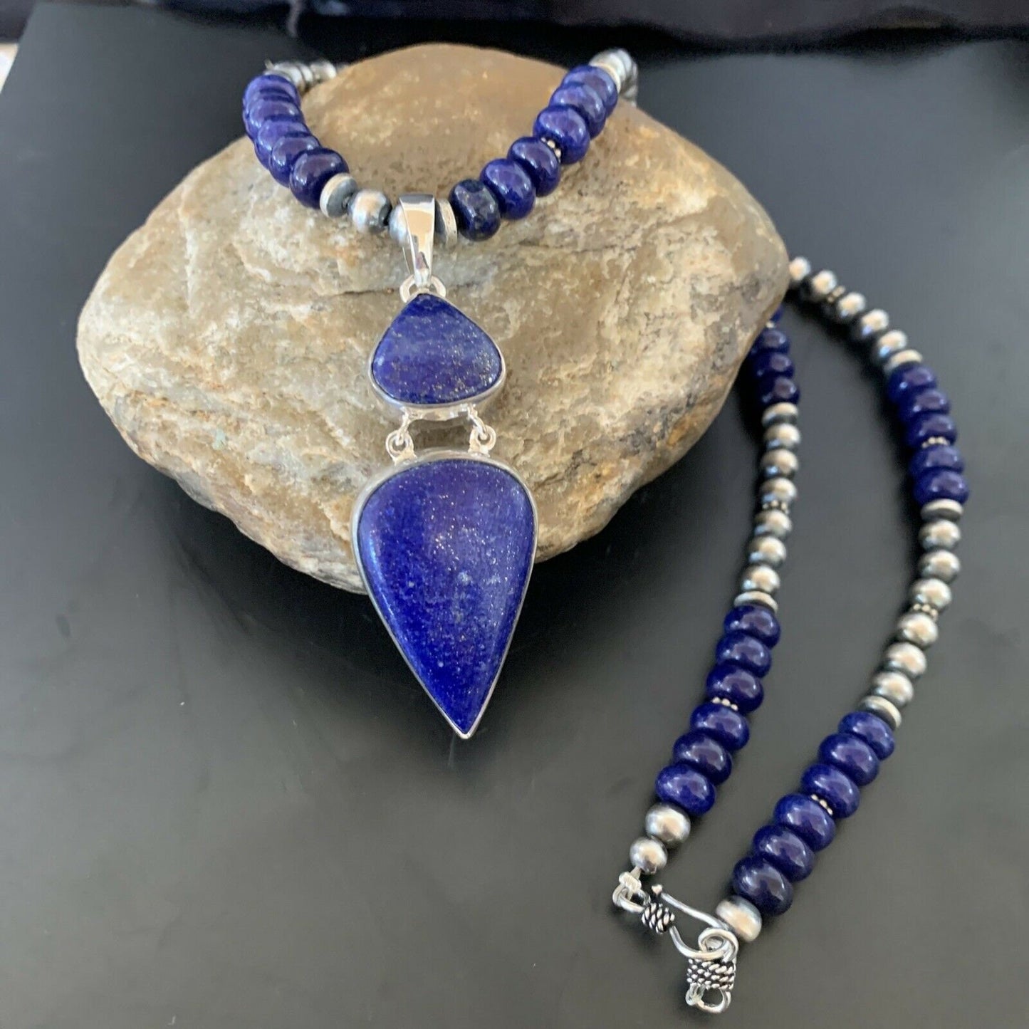 Navajo Sterling Silver Beads Necklace with Lapis Lazuli Pendant | 8mm | Authentic Native American Handmade | 11365