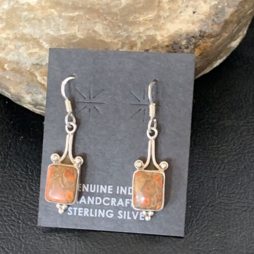 Navajo Orange Spiny Oyster Inlay Earrings | Sterling Silver | Authentic Native American Handmade | 12829