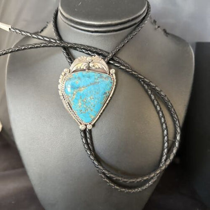 Navajo Blue Kingman Turquoise Bolo Tie | Sterling Silver | Authentic Native American Handmade | 14254