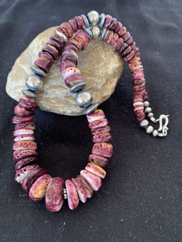 Purple Spiny Oyster Pendant with Sterling Silver Navajo Pearls Necklace | Graduated | Authentic Native American | 17" | 13812