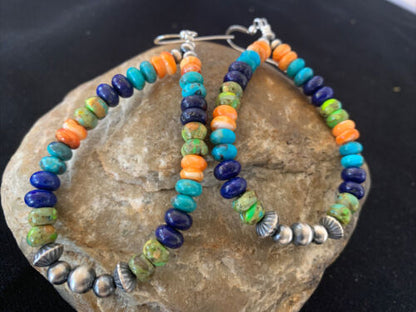 Navajo Sterling Silver Bead Earrings | Spiny, Turquoise & Lapis Dangle | Authentic Native American Handmade | 1413