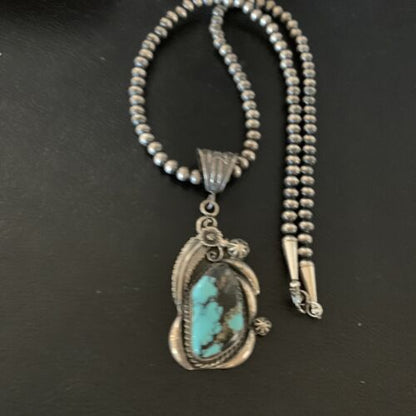 Navajo Pearl Necklace with Blue Spiderweb Turquoise Pendant | Sterling Silver | Native American Handmade | 13258