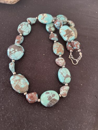 Navajo Chunky Turquoise #8 Necklace | Sterling Silver Pearls | Authentic Native American Handmade | 22" | 1242