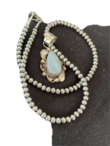 Native American Men's Necklace | Navajo Sterling Silver Beads with Blue Larimar Pendant | 01364