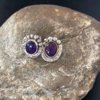 Navajo Sugilite Post Stud Earrings | Sterling Silver | Authentic Native American Handmade | 0.5" | 2068
