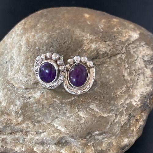 Navajo Sugilite Post Stud Earrings | Sterling Silver | Authentic Native American Handmade | 0.5" | 2068
