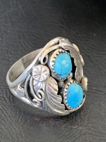 Navajo Blue Kingman Turquoise Feather Ring | Authentic Native American Sterling Silver | Multi-Stone | Sz 11.5 | 12223