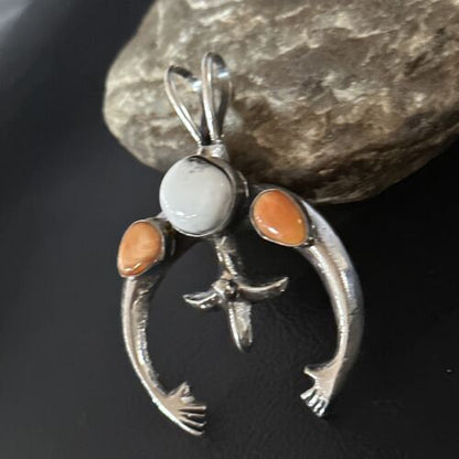 Navajo White Buffalo Turquoise Spiny Naja Pendant | Sterling Silver | Authentic Native American Handmade | 14671