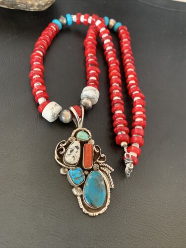 Navajo Coral, White Buffalo Turquoise, Spiny Oyster Pendant | Authentic Native American Sterling Silver | Multi-Stone | 1178