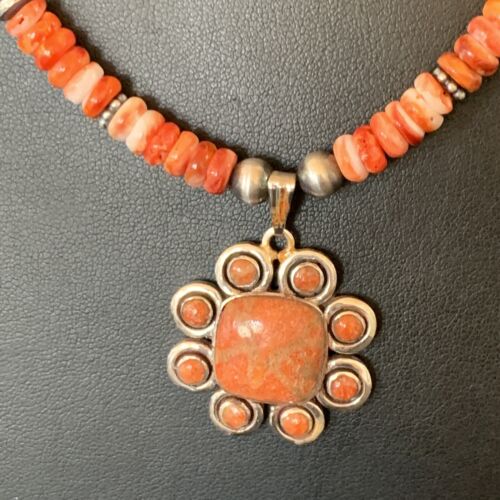 Navajo Pearl Necklace with Red Apple Coral, Spiny Oyster Pendant Multi-Stone | Authentic Native American Sterling Silver | Multi-Stone | 12372