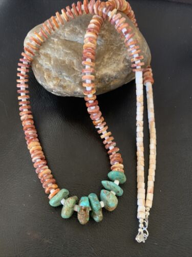 Navajo Turquoise | Purple Spiny Oyster | Pink Shell Necklace | Sterling Silver | Native American Handmade | 30" | 12255