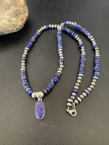 Native American Navajo Blue Lapis Pendant Necklace | Sterling Silver | Authentic Handmade | 12247 - Masha USA