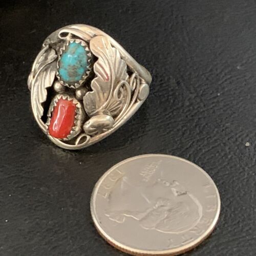 Navajo Kingman Turquoise Coral Ring | Authentic Native American Sterling Silver | Multi-Stone | Sz 11 | 14128