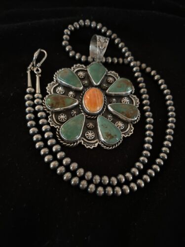 Navajo Spiny Oyster & Turquoise Cluster Pendant Necklace | Authentic Native American Sterling Silver | Multi-Stone | 01118