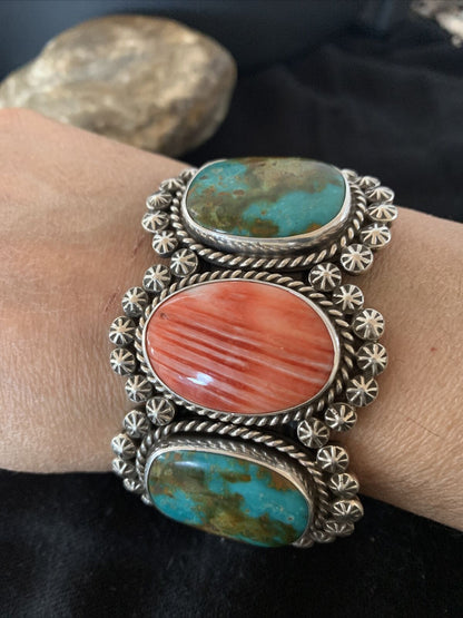 Navajo Royston Turquoise & Spiny Oyster Cuff Bracelet | Sterling Silver | Authentic Native American Handmade | 1105