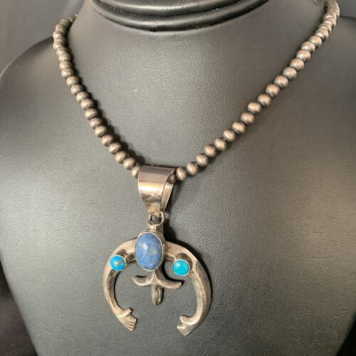 Navajo Sterling Silver Pendant Necklace | Denim Lapis & Turquoise | Authentic Native American Handmade | 13632