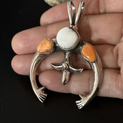 Navajo White Buffalo Turquoise Spiny Naja Pendant | Sterling Silver | Authentic Native American Handmade | 14671