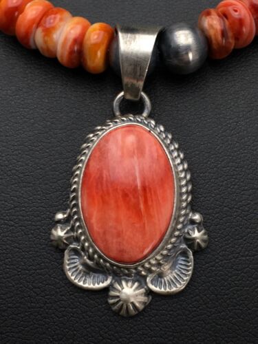 Navajo Orange Spiny Oyster Pendant Necklace | Sterling Silver Beads | Authentic Native American Handmade | 2689 - Masha USA