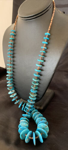 Authentic Native American Kingman Turquoise & Shell Necklace | Sterling Silver | 33" | Navajo Graduated | 12159