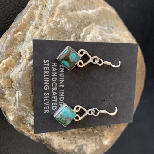 Navajo Blue Turquoise Dangle Earrings | Sterling Silver | 0.5" | Authentic Native American Handmade | 12750