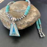 Authentic Native American Navajo Sterling Silver Pendant | Blue Turquoise & Opal Inlay Necklace | 11475