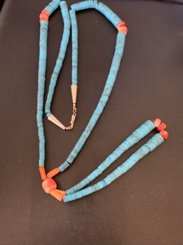 Southwestern Santo Domingo Pink Coral Blue Turquoise Jacla Necklace | 30" | Authentic Native American Handmade | 12517