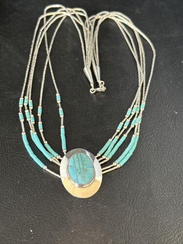 Liquid Silver Heishi 5-Strand Pendant Necklace | Sterling Silver | Turquoise | Navajo | 14820