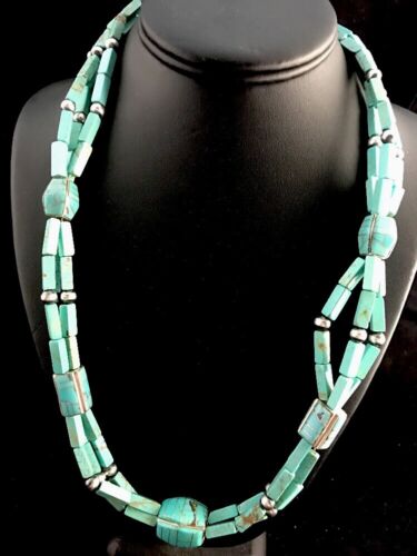 Navajo Blue Turquoise Sterling Silver Necklace | Inlay Pendant 24" | Native American Southwestern | 3360