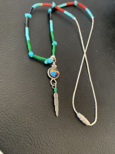 Girls Multi-Color Liquid Silver Heishi Pendant | Inlay | Sterling Silver Leaf Inlay | 02047