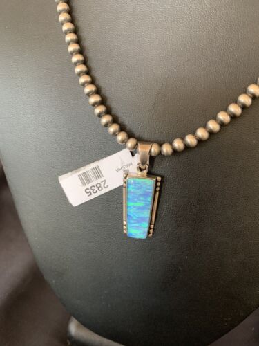Blue Opal Inlay Necklace Pendant | Navajo Pearls | Sterling Silver | Authentic Native American Handmade | 2835 - Masha USA