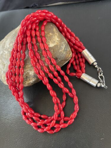 Native Navajo Red Coral 5S Sterling Silver Barrel Bead Necklace 22” 10438