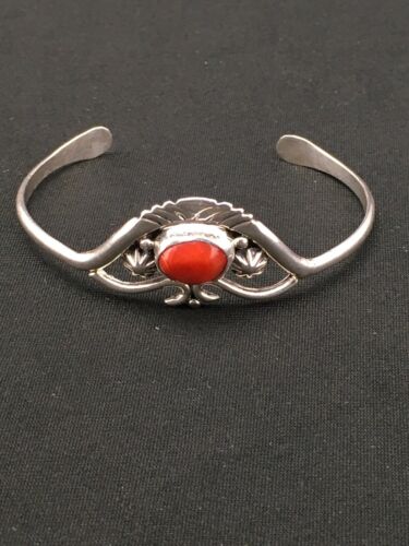 Native American Coral Cuff Bracelet | Navajo Sterling Silver | Handmade | 4747