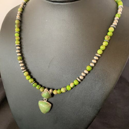 Navajo Green Gaspeite Turquoise Pendant | Sterling Silver | Authentic Native American Handmade | 12360