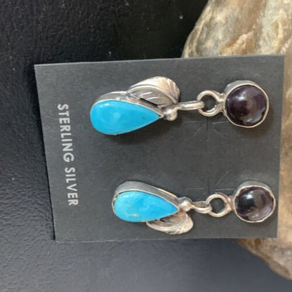 Navajo Sterling Silver Purple Sugilite & Blue Turquoise Dangle Leaf Earrings | Handmade | 13447