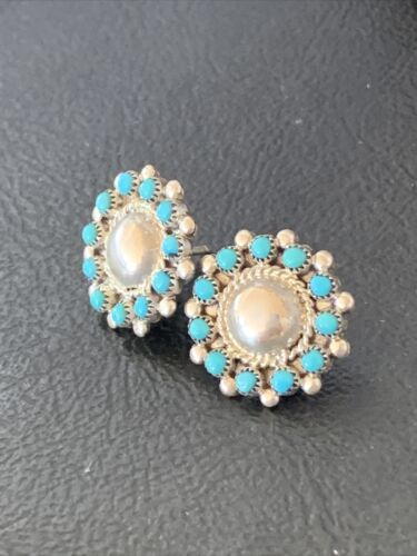 Authentic Native American Zuni Petite Point Turquoise Earrings | Sterling Silver | Handmade | 1609