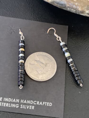 Navajo Black Onyx White Mother of Pearl Earrings | Sterling Silver | 1.5" | Authentic Native American Handmade | 13056