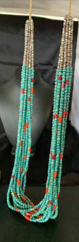 Southwestern Santo Domingo Coral Spiny Blue Turquoise Necklace | 38" | Authentic Native American Handmade | 12050