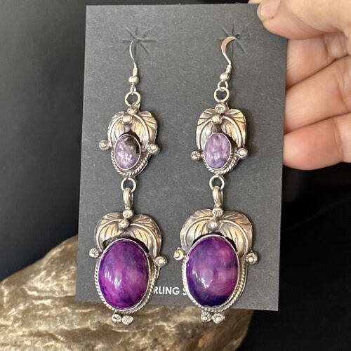 Navajo Purple Sugilite Dangle Earrings | Sterling Silver | 2" | Authentic Native American Handmade | 14402