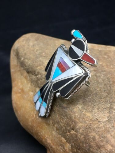 Zuni Coral, Turquoise & Onyx Inlay Bird Ring | Sterling Silver | Sz 3.5 | Authentic Native American Handmade | 2630 - Masha USA
