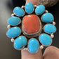 Navajo Blue Kingman Turquoise and Coral Cluster Ring | Authentic Native American Sterling Silver | Multi-Stone | Sz 7.5 | 11530