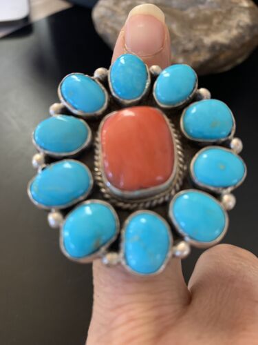 Navajo Blue Kingman Turquoise and Coral Cluster Ring | Authentic Native American Sterling Silver | Multi-Stone | Sz 7.5 | 11530